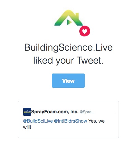 Tweet response of SprayFoamMagazine.com to BuildingScience.Live