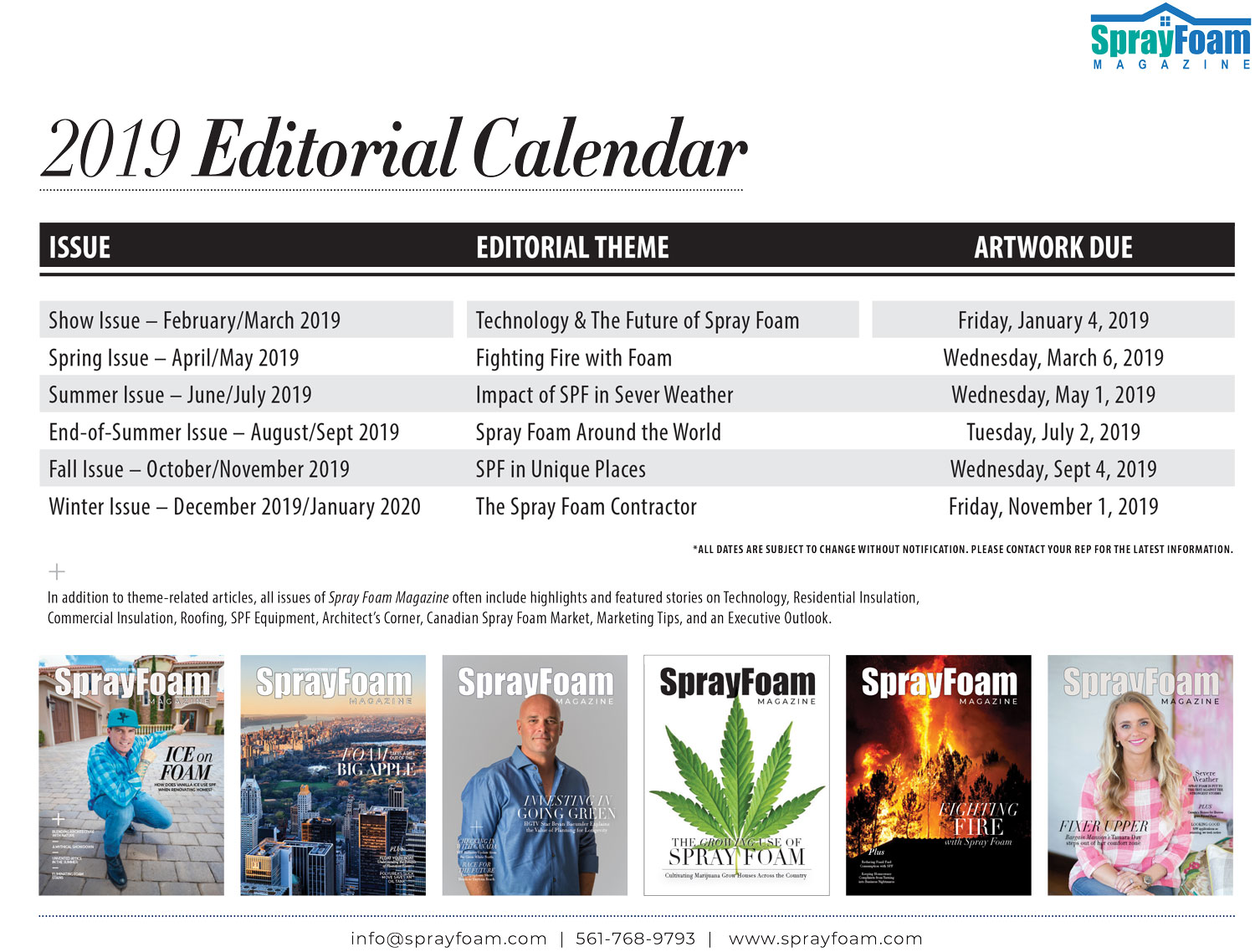 Spray Foam Magazine editorial calendar 2019